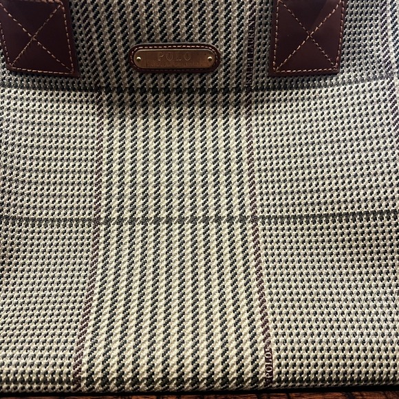 Vintage Polo Ralph Lauren Houndstooth Coated Canvas Large Leather Tote Bag 90s - Picture 3 of 7